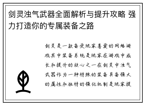 剑灵浊气武器全面解析与提升攻略 强力打造你的专属装备之路
